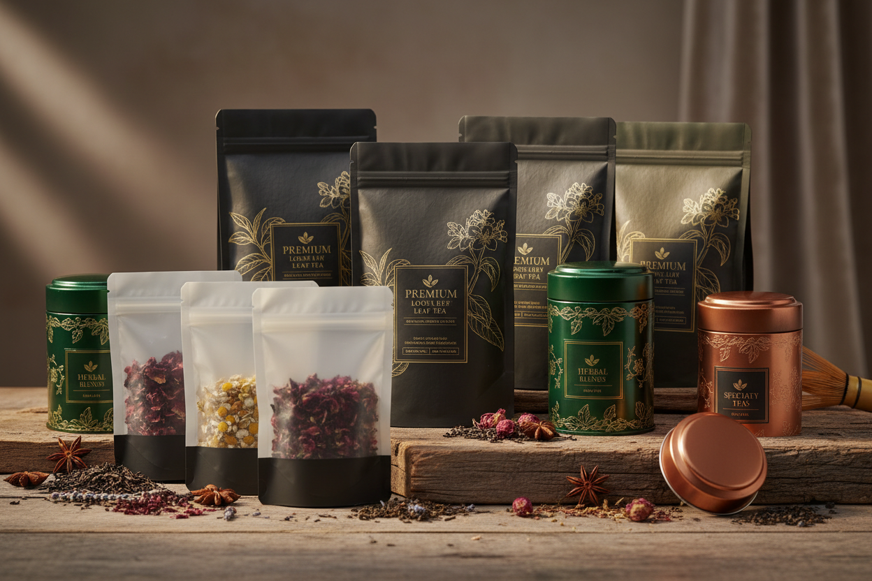 Elegant tea packaging pouches and tins for loose leaf tea, herbal blends, and specialty teas. Aroma-lock designs.