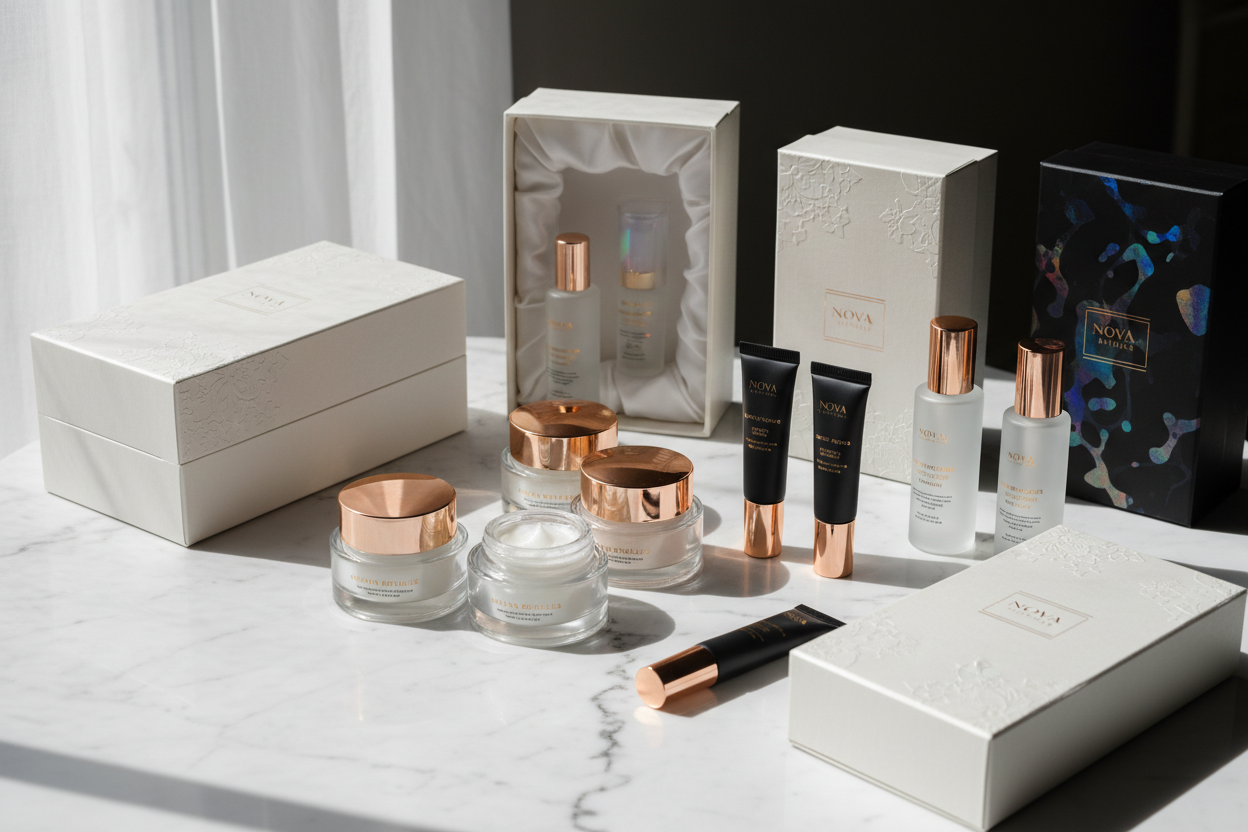 Luxury packaging for beauty and skincare products. Jars, tubes, bottles and boxes with premium finishes.