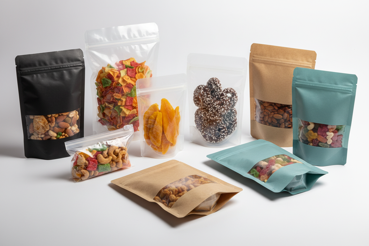 Resealable snack bags and pouches for chips, nuts, dried fruits, and treats. Stand-up and flat-bottom options.